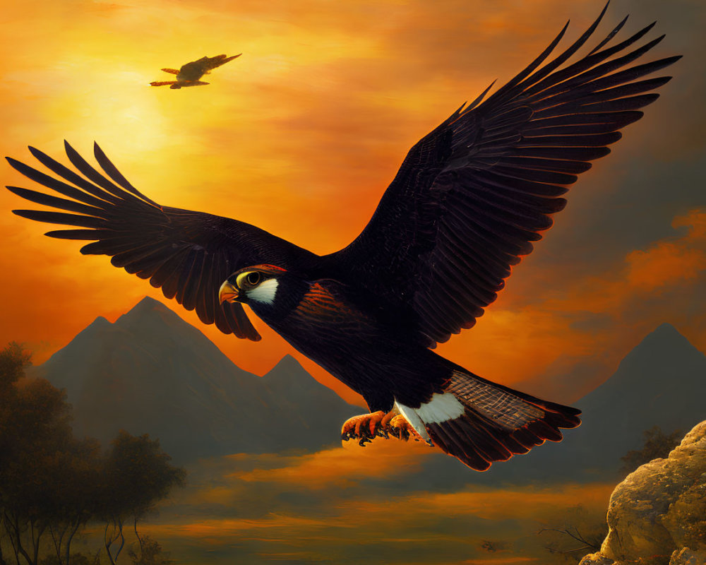 Majestic eagle soaring in dramatic sunset sky with mountains and another bird