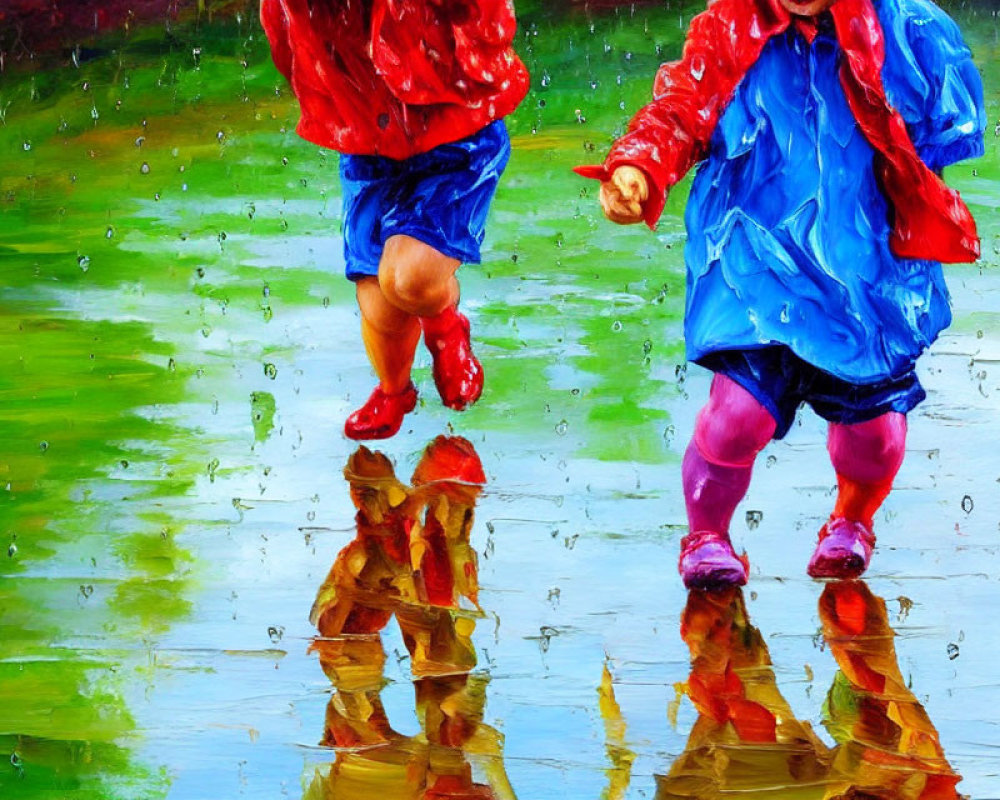 Children in Red and Blue Raincoats Jumping in Puddles with Reflections in Rainy
