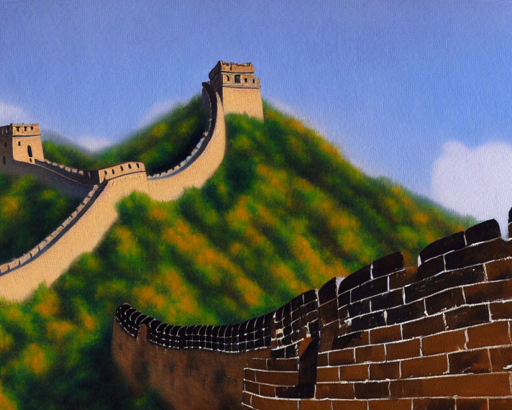 Scenic painting: Great Wall of China over lush green mountains