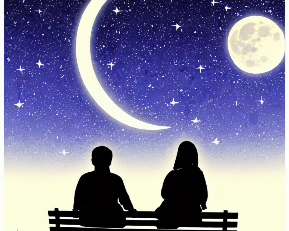 Silhouetted figures on bench under starry sky with crescent and full moon