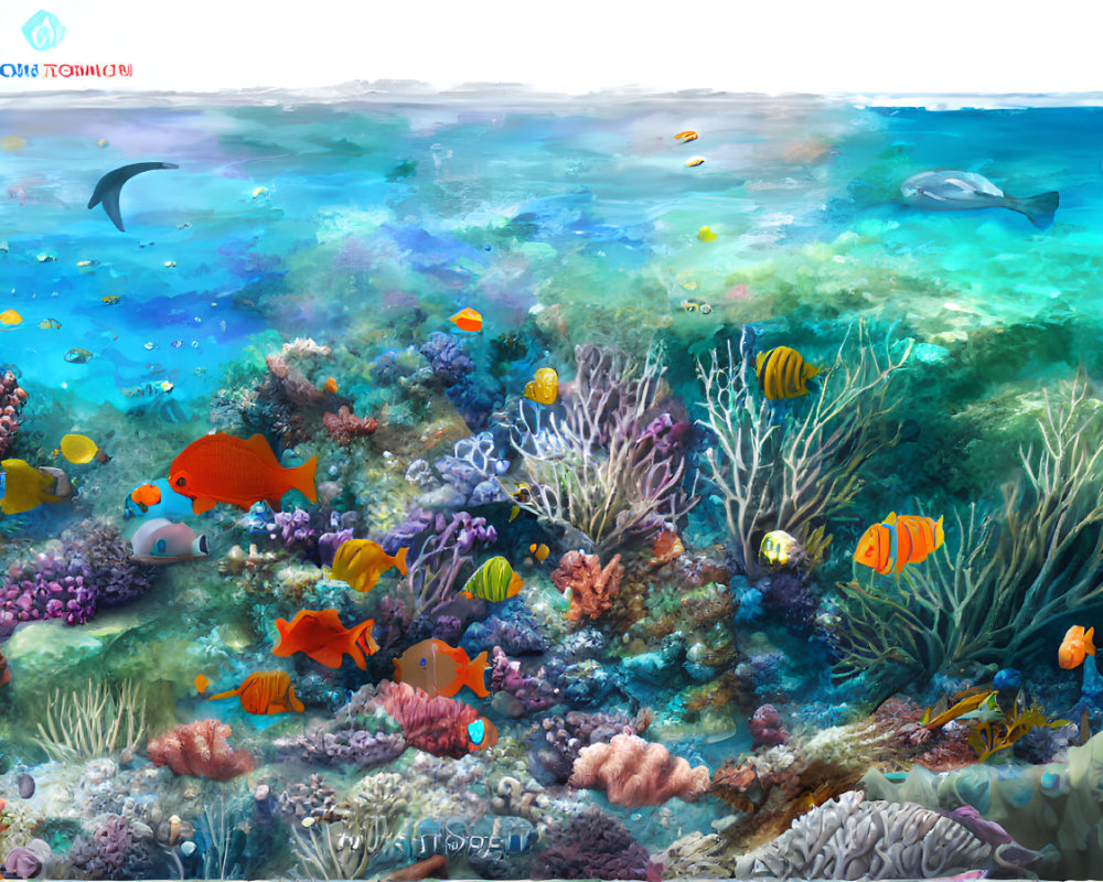 Colorful Fish, Corals, and Dolphin in Vibrant Underwater Scene
