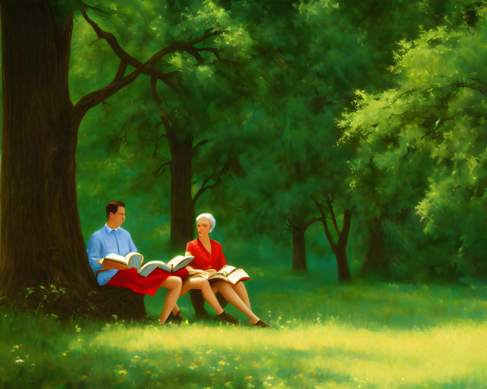 Two people reading books under a tree in a sunny park surrounded by greenery