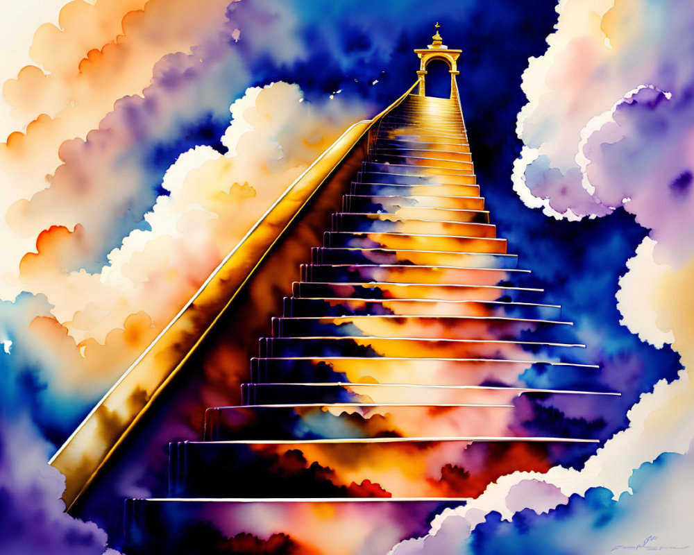 Vibrant digital artwork: Staircase to lighthouse in dreamlike watercolor.