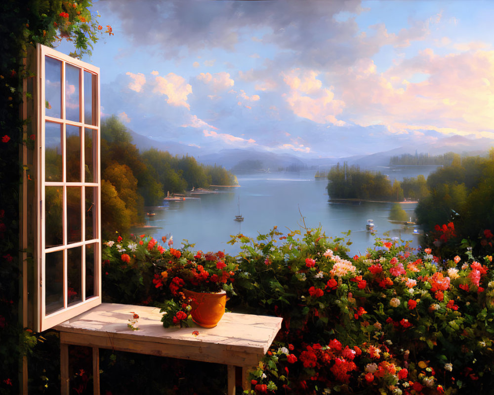 Serene lake view through open window with lush forests and mountains, under cloudy sky.