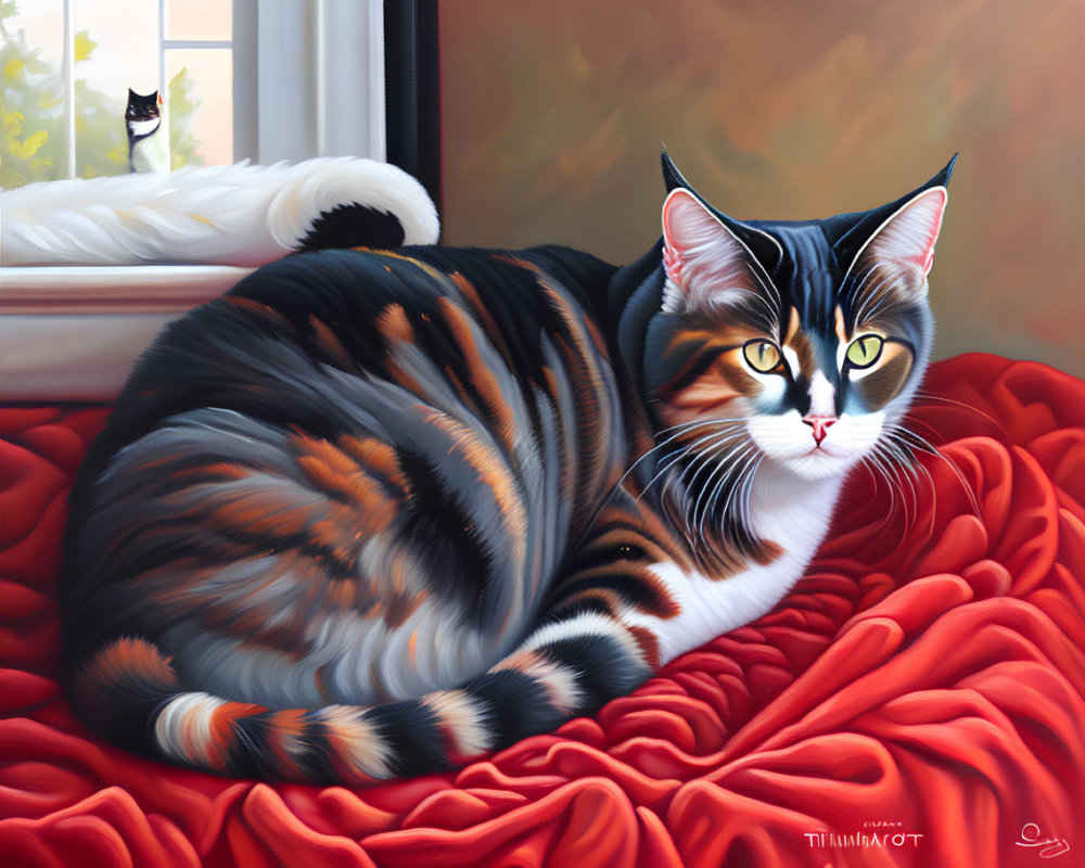 Vivid artwork of tabby cat on red blanket with white cat silhouette in window