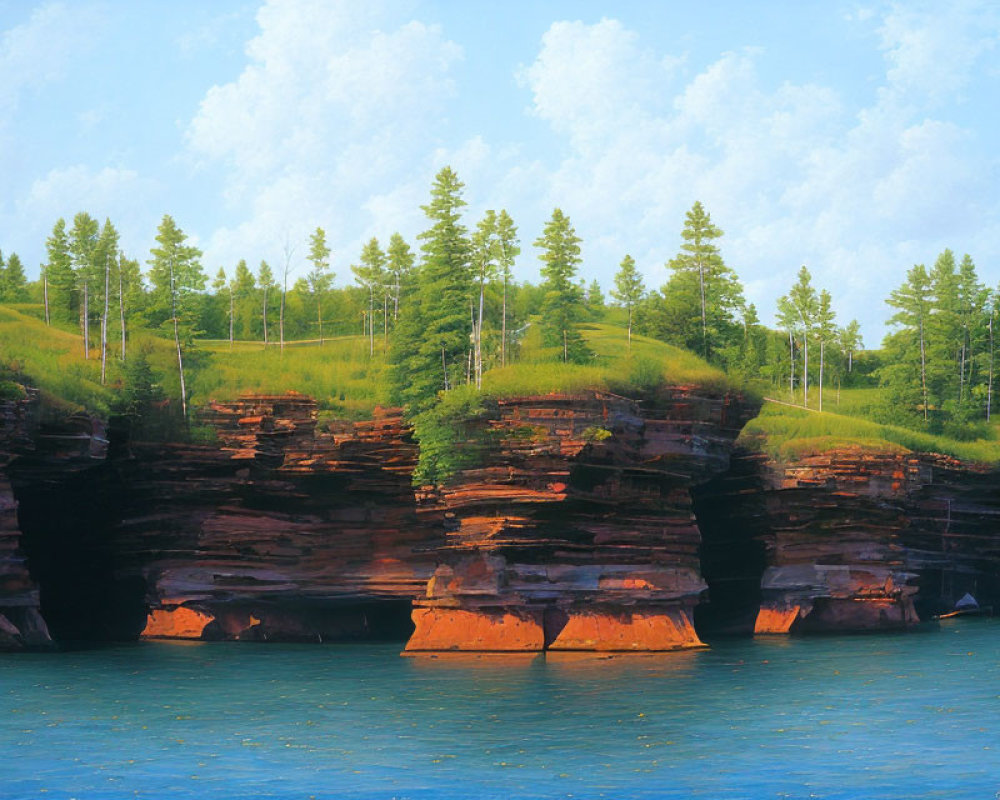 Scenic view of lush green trees on red and brown cliffs near calm blue lake