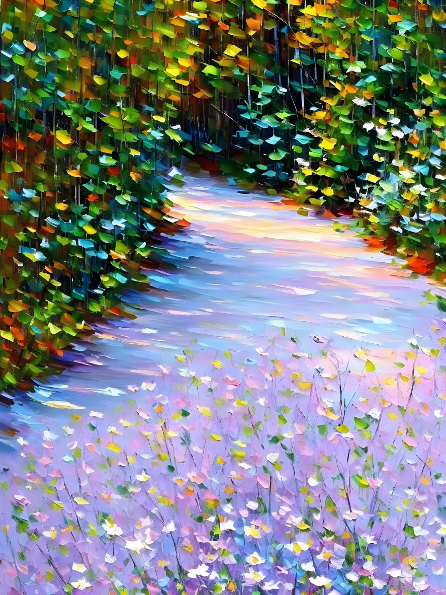Impasto forest painting with luminescent pathway and purple wildflowers
