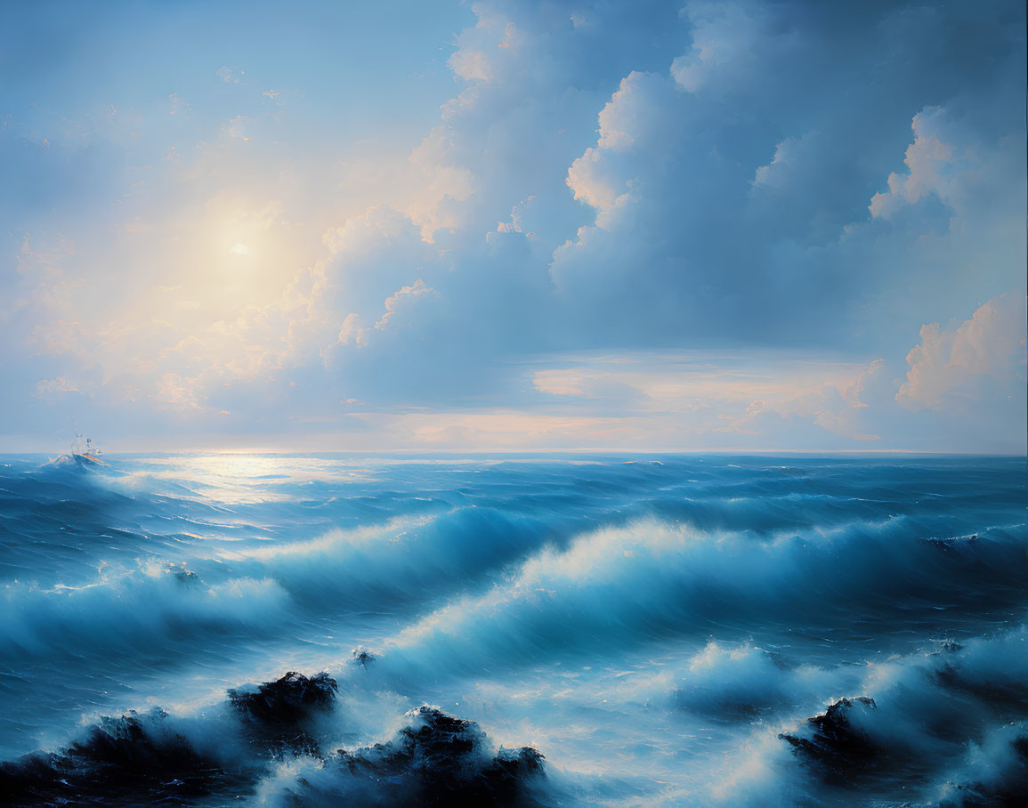 Dramatic Ocean Scene with Rolling Blue Waves and Ship on Horizon