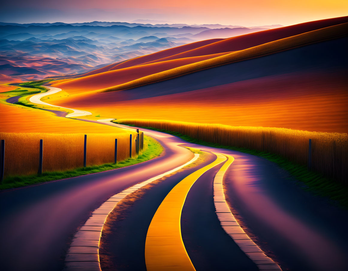 Curving Winding Road Through Colorful Sunset Landscape
