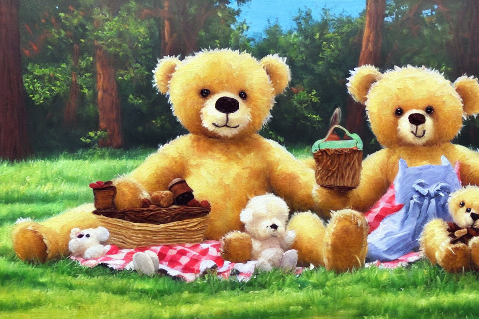 Teddy Bears Picnic Scene with Food Basket in Park