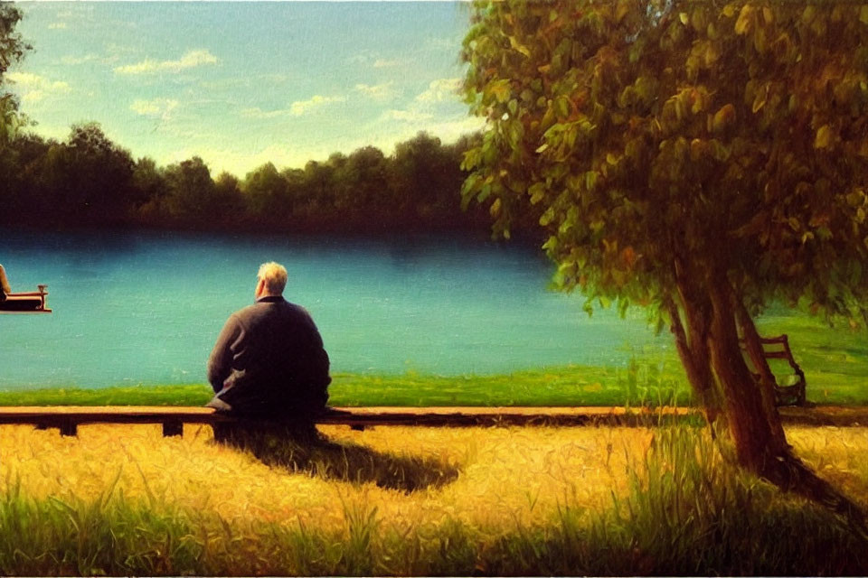 Tranquil lake scene with person on park bench surrounded by lush greenery