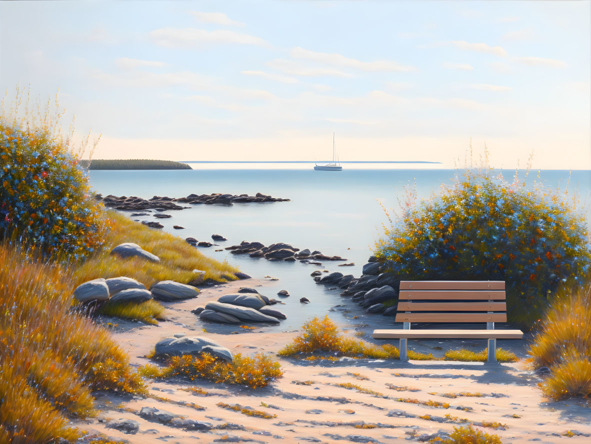Tranquil beach scene with bench, sailboat, rocks, and foliage