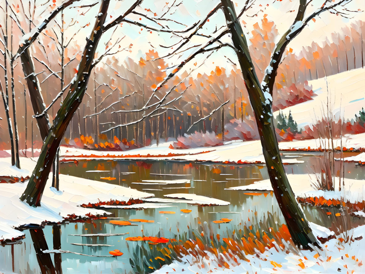 Winter Landscape Painting: Snow-Covered Pond & Bare Trees
