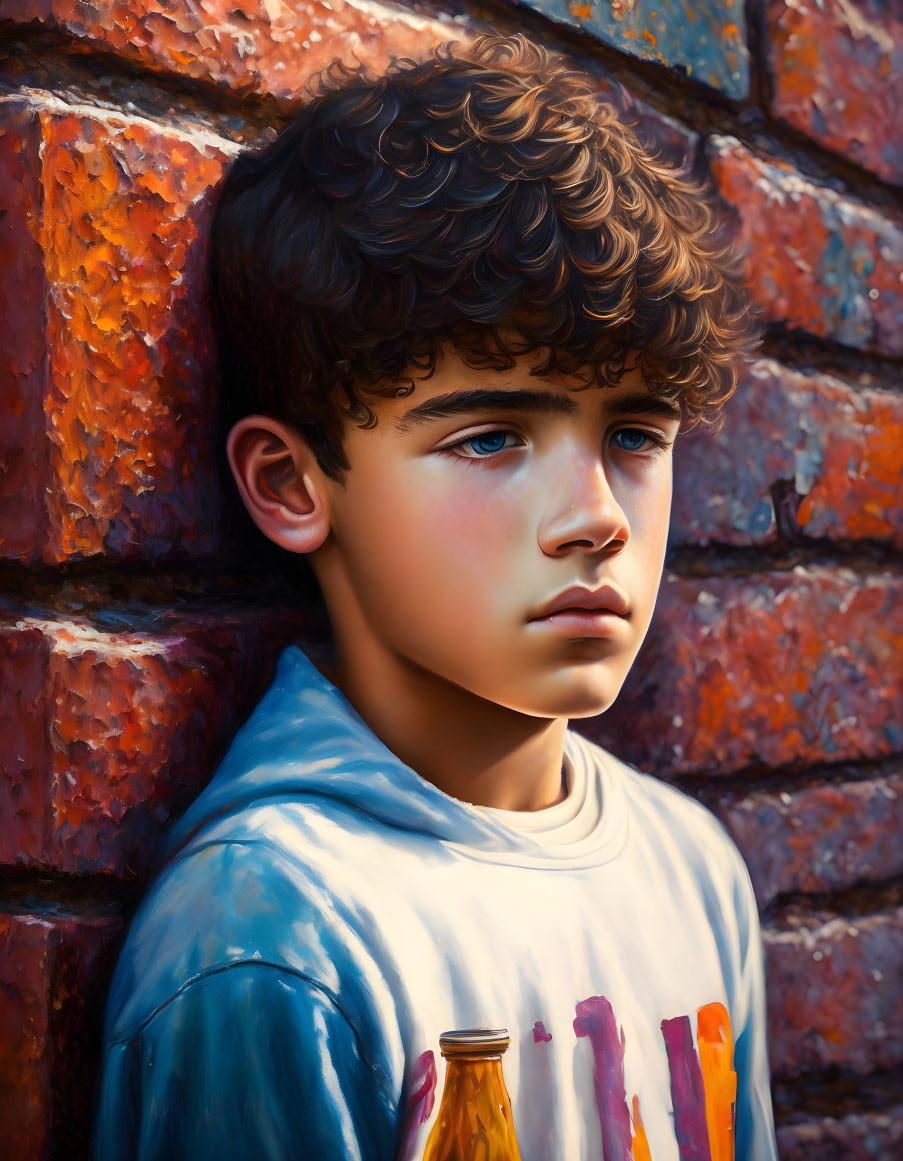 Young boy with curly hair against brick wall: Softly lit profile