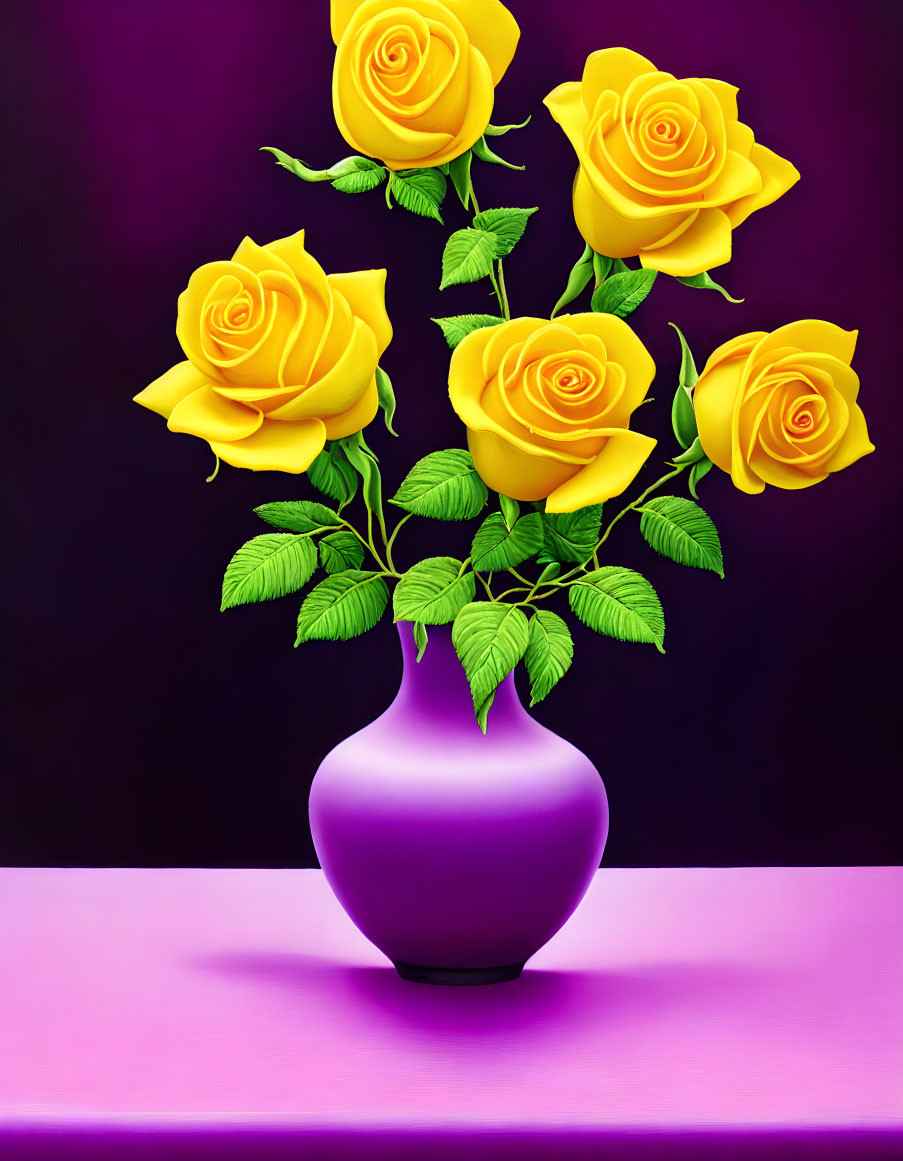 YELLOW ROSES IN A PURPLE VASE
