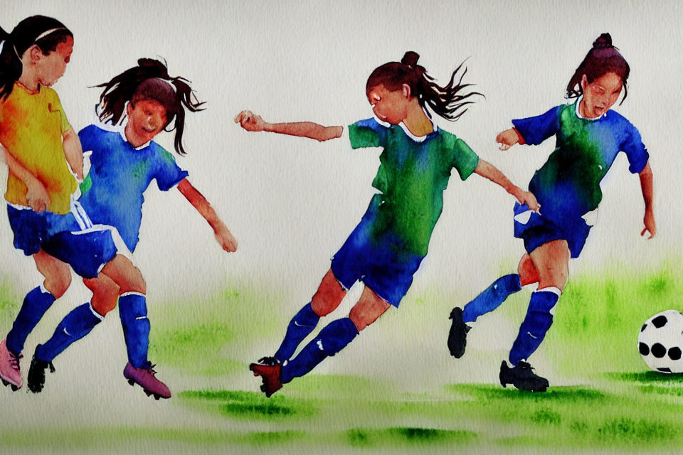 Watercolor painting: Four girls in blue uniforms playing soccer