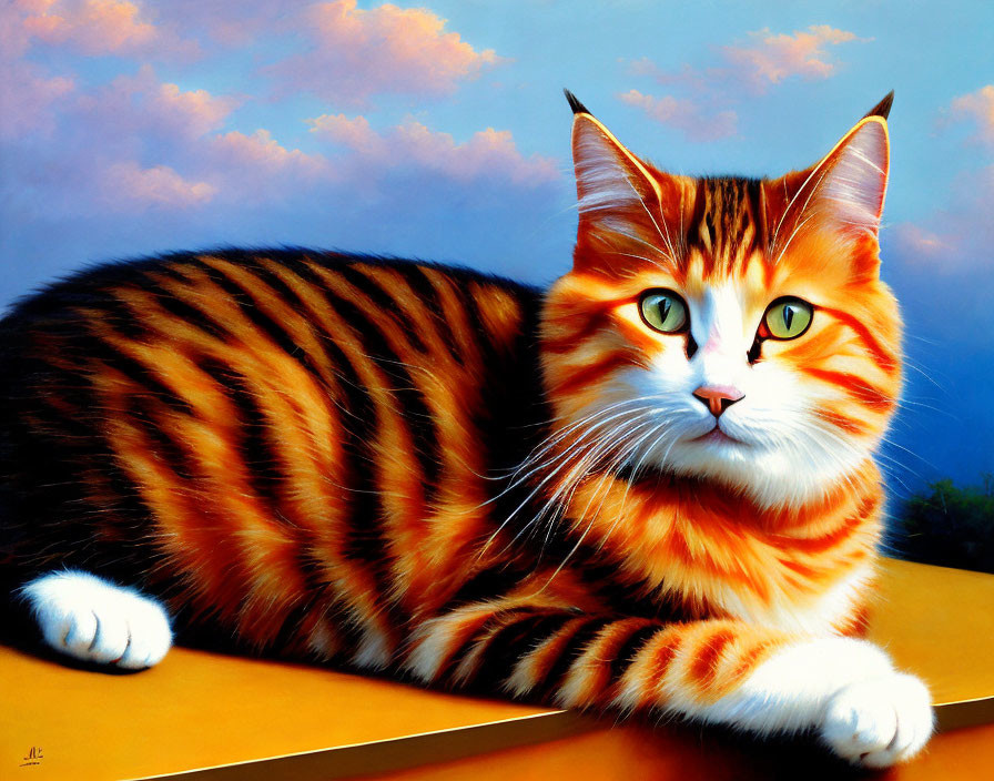 Colorful Painting of Orange Tabby Cat with Green Eyes on Blue Sky