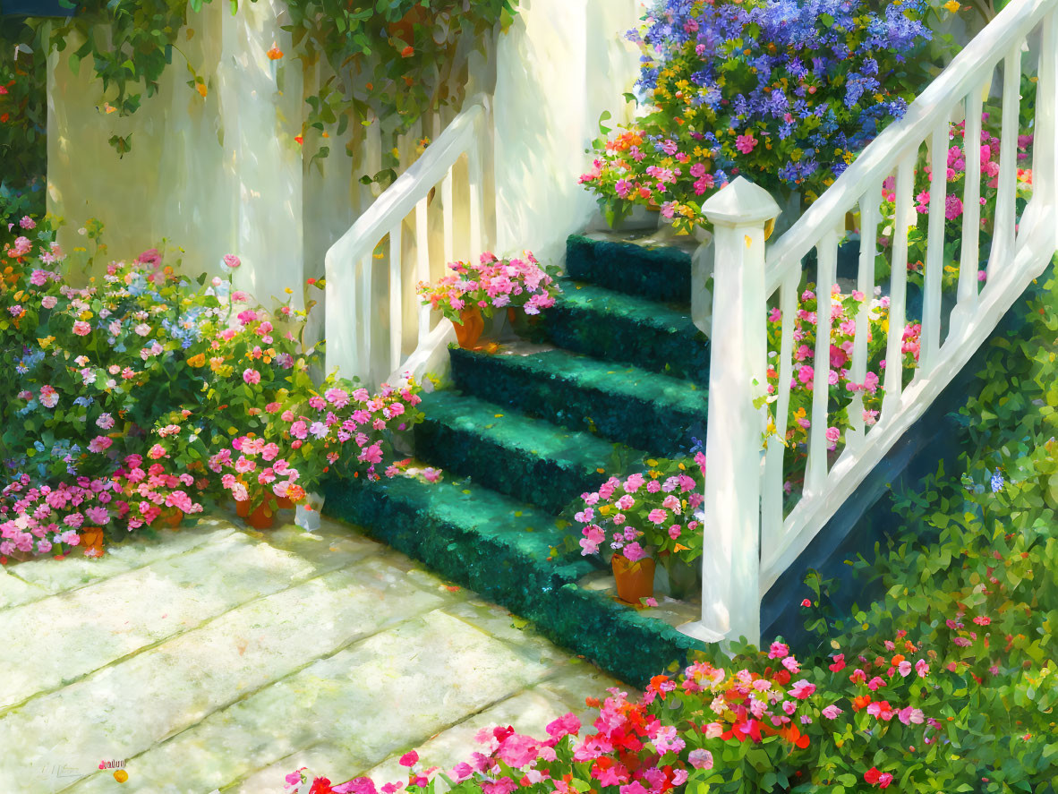 Blooming flowers and lush greenery frame outdoor stairway
