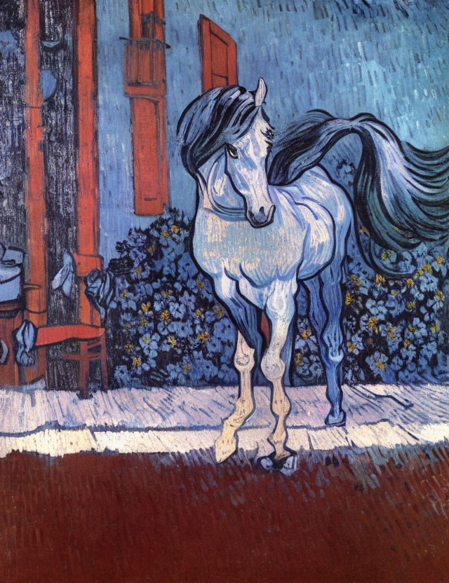 White Horse Painting Among Yellow Flowers on Blue Starry Background with Red-Shuttered Window