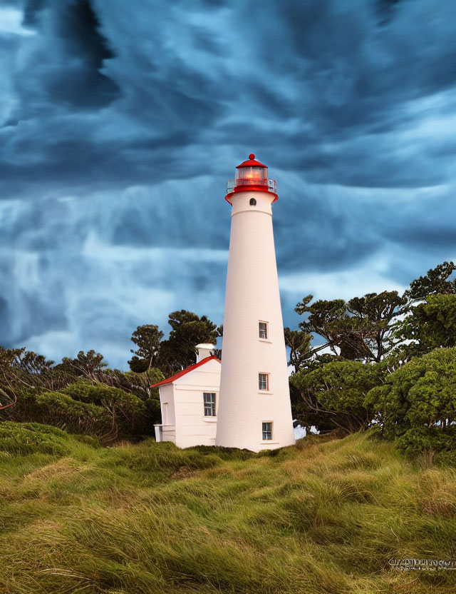 White Lighthouse with Red Top Amid Green Trees and Dramatic Sky