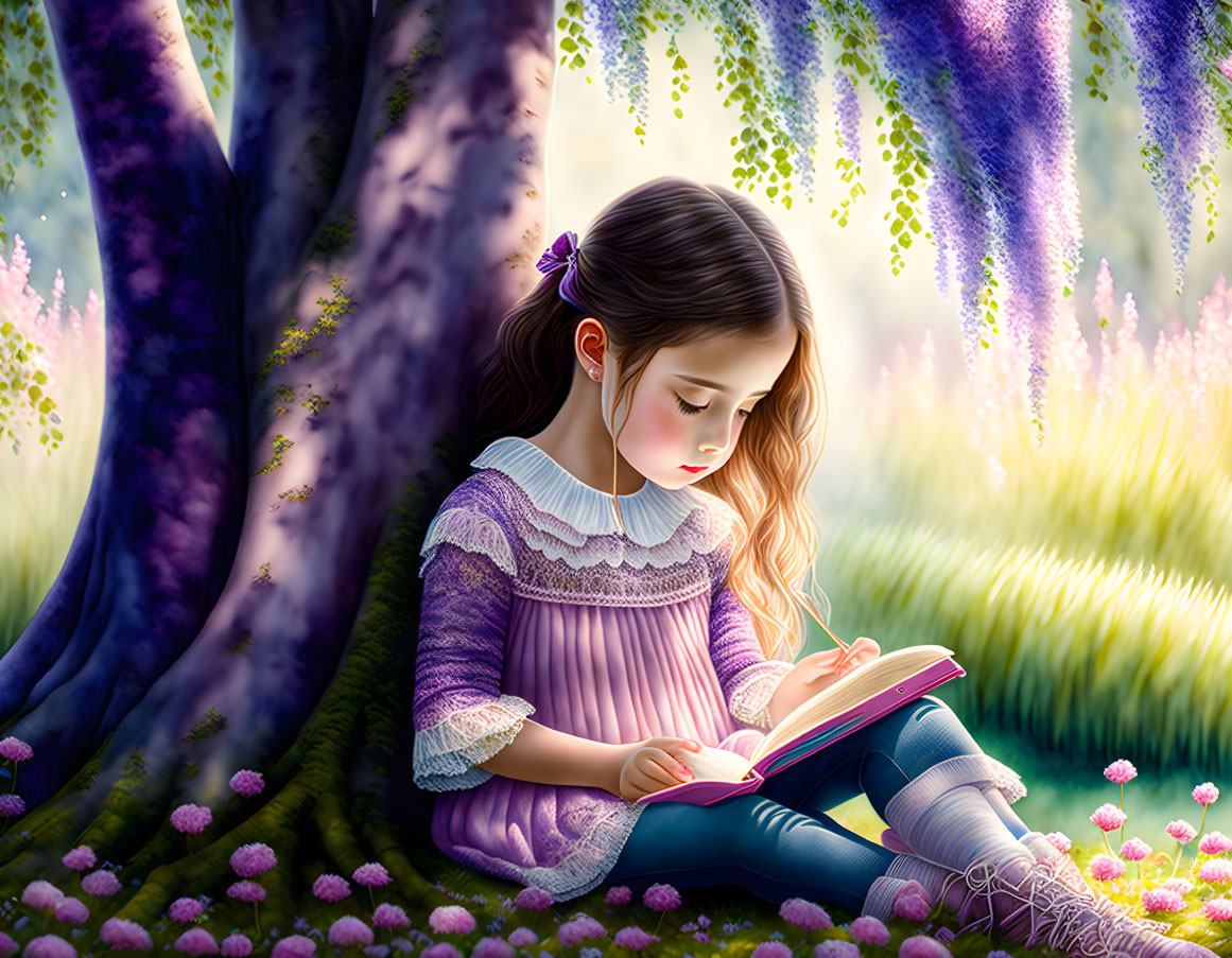 GIRL UNDER TREE WITH BOOK