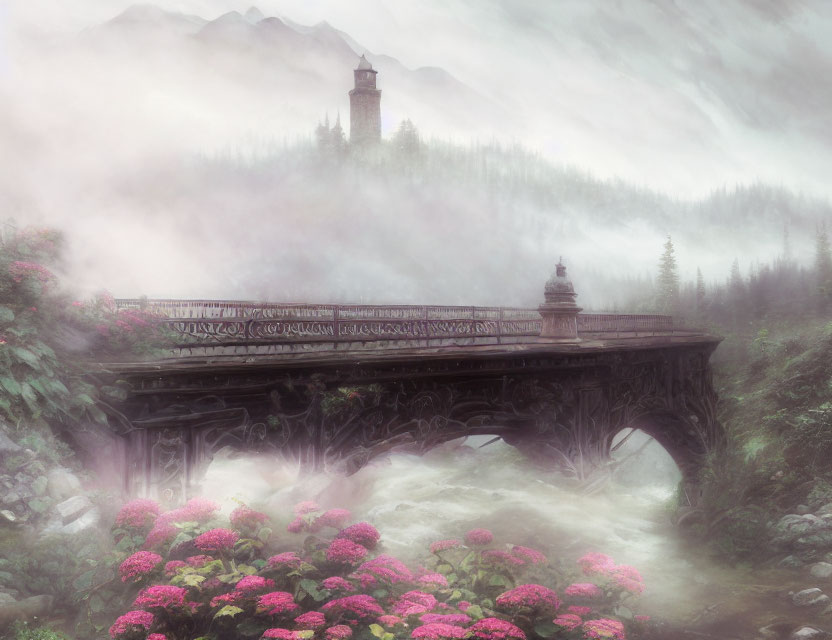 Ornate bridge over misty stream with pink flowers and tower in foggy mountains
