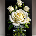 White Roses Art Piece on Black Background with Glass Pedestal Signature