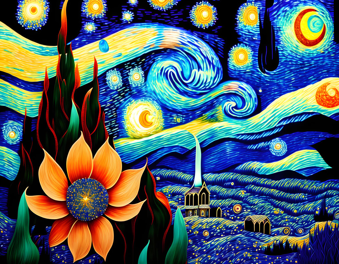 Colorful digital artwork: Starry Night with large flower in swirling night sky