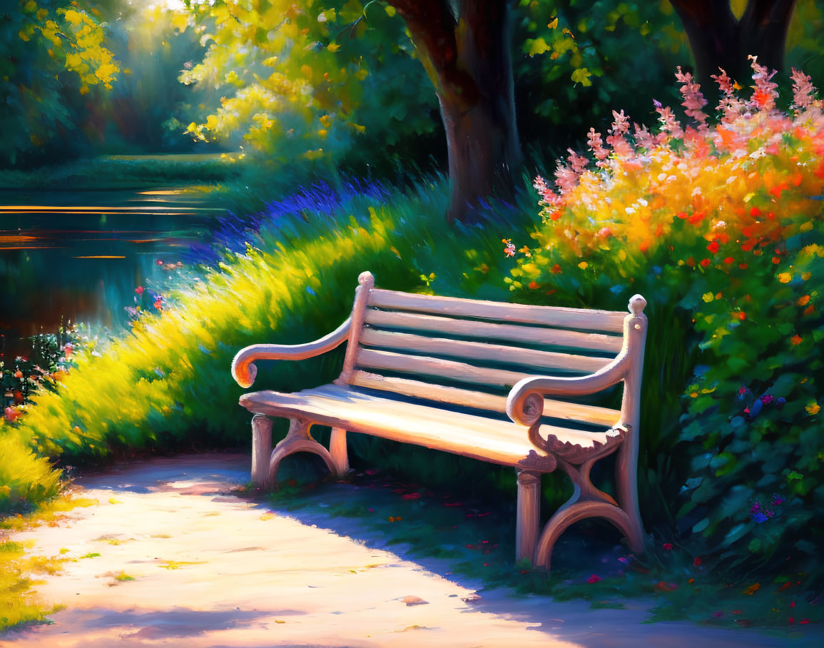Serene Park Scene with Wooden Bench, Flowers, Trees, and Pond