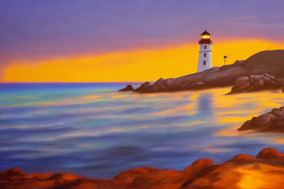 Tranquil sunset painting with vibrant orange hues and lighthouse on rocky shores