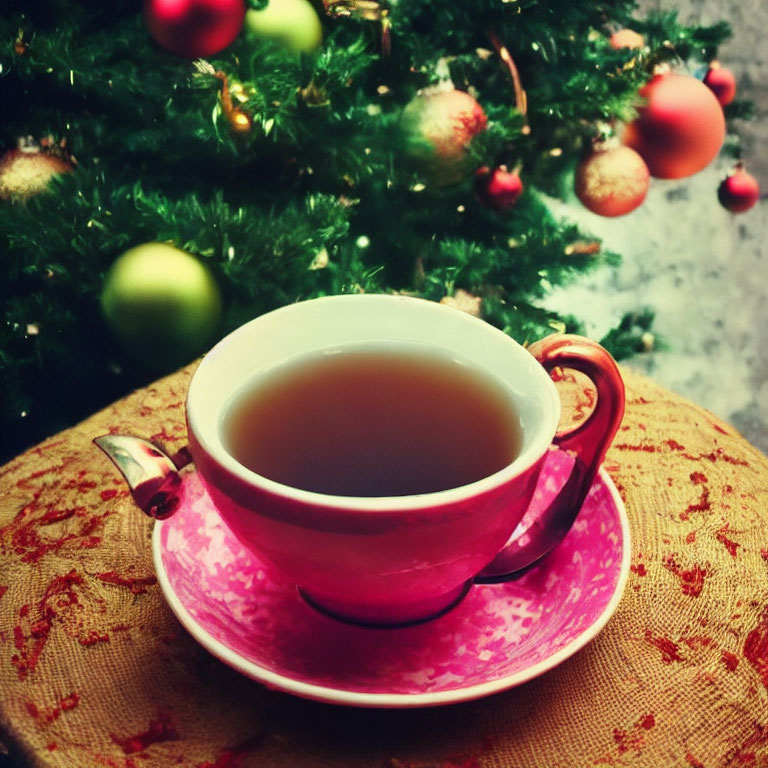 Pink teacup with tea on patterned saucer, blurred Christmas tree with colorful ornaments.