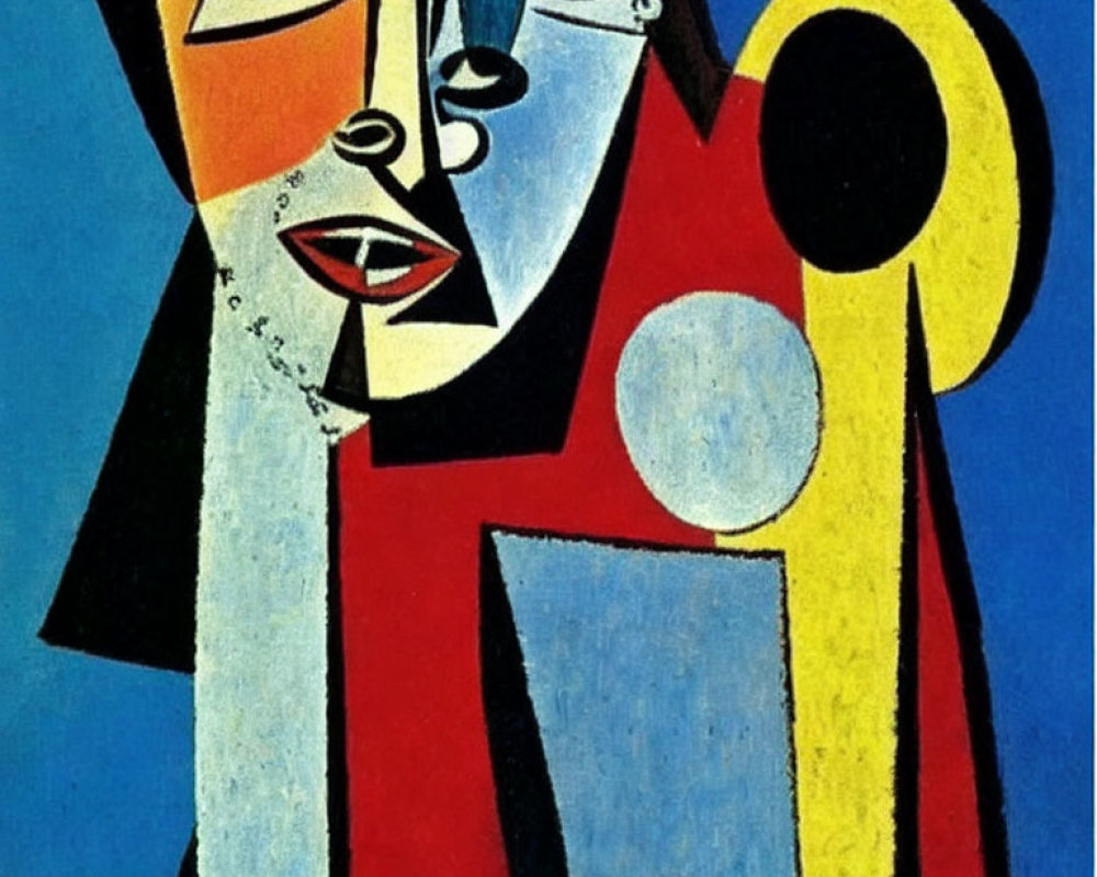 Colorful Cubist Portrait with Geometric Shapes in Blue, Red, and Yellow