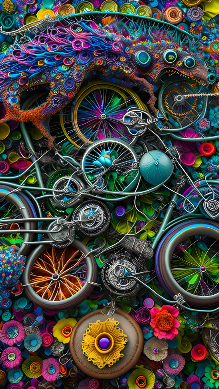 Colorful Psychedelic Patterns with Bicycles and Flowers