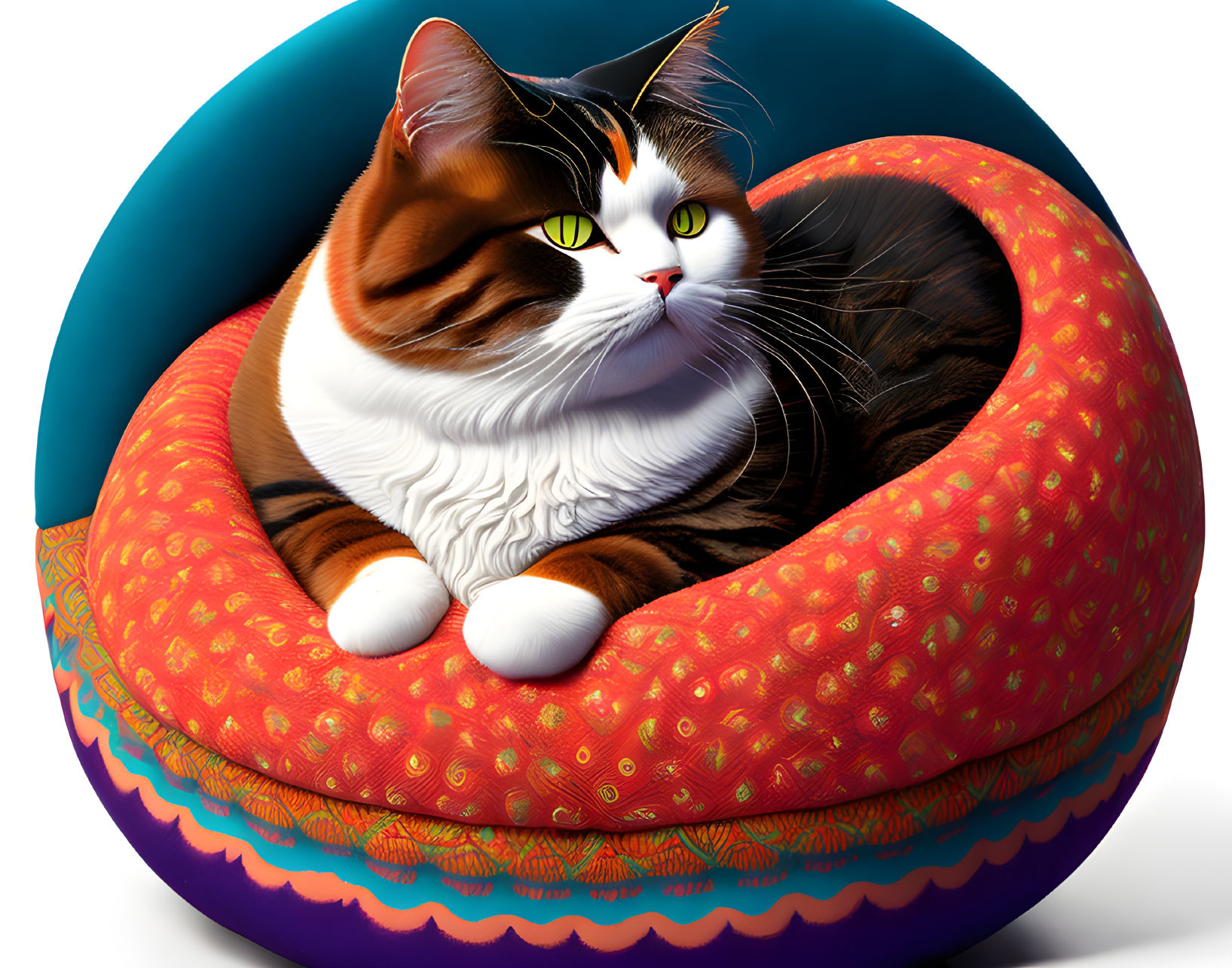 Calico Cat with Green Eyes in Circular Orange Bed