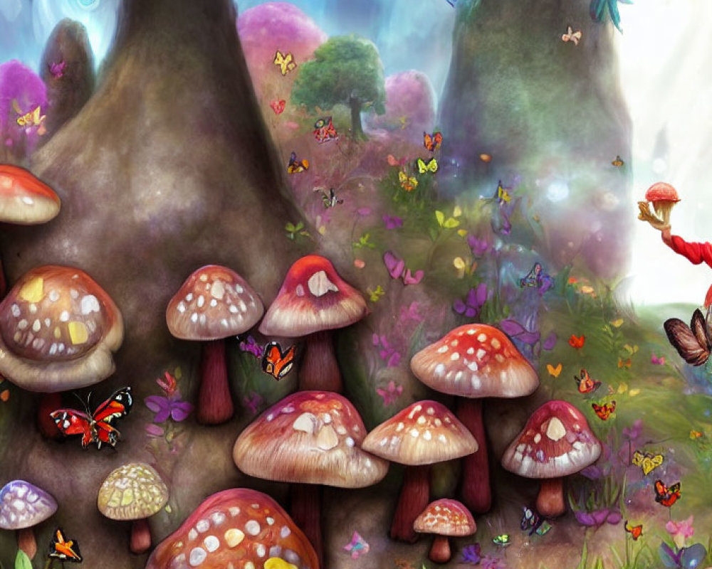 Colorful Mushrooms and Butterflies in Mystical Forest Scene