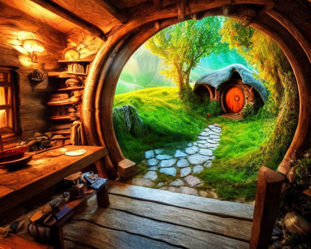 Warm Hobbit House Interior with Wooden Table & Round Door