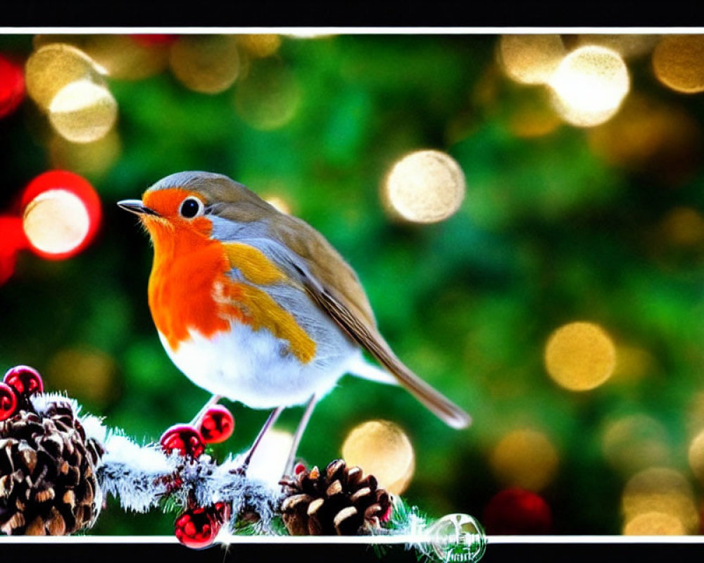 Robin on festive pine cone and berry arrangement with red and gold bokeh lights