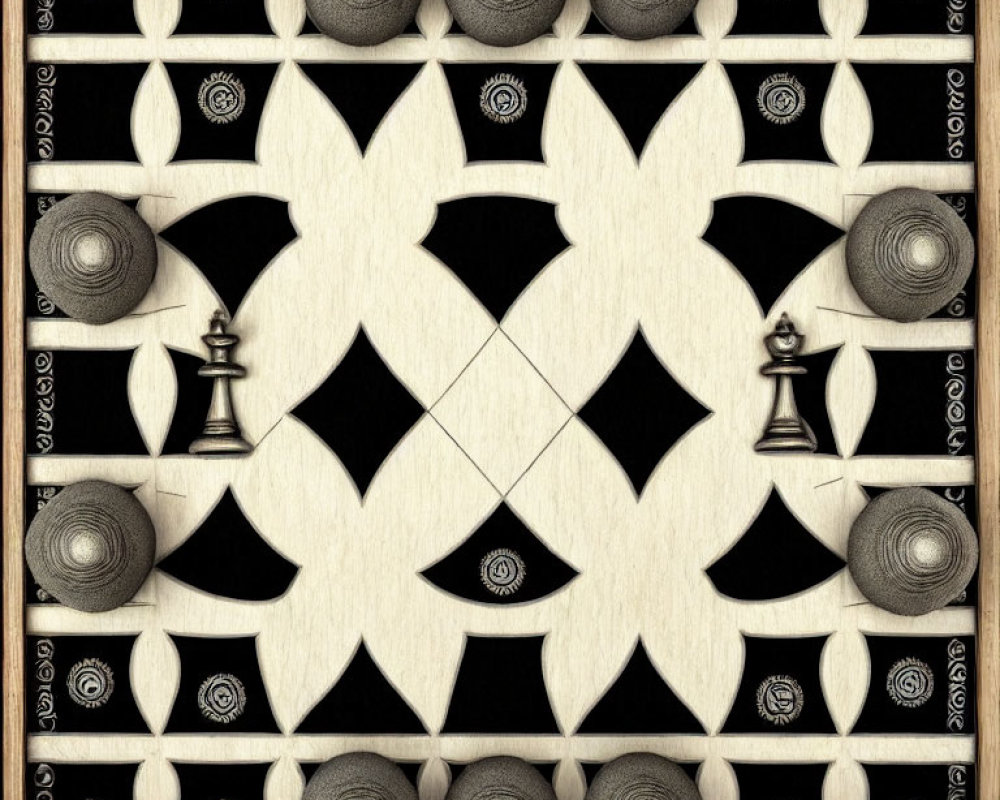 Symmetrical black and white chess piece pattern on square tiles