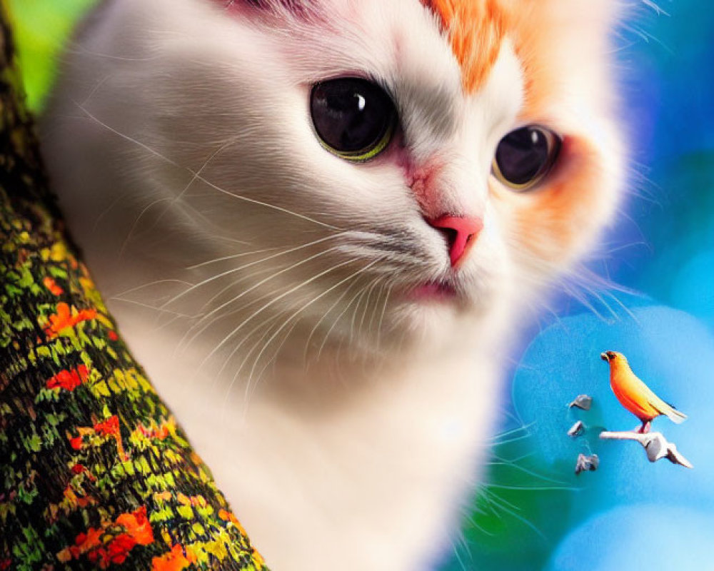 Whimsical artwork of white and orange cat observing vibrant bird