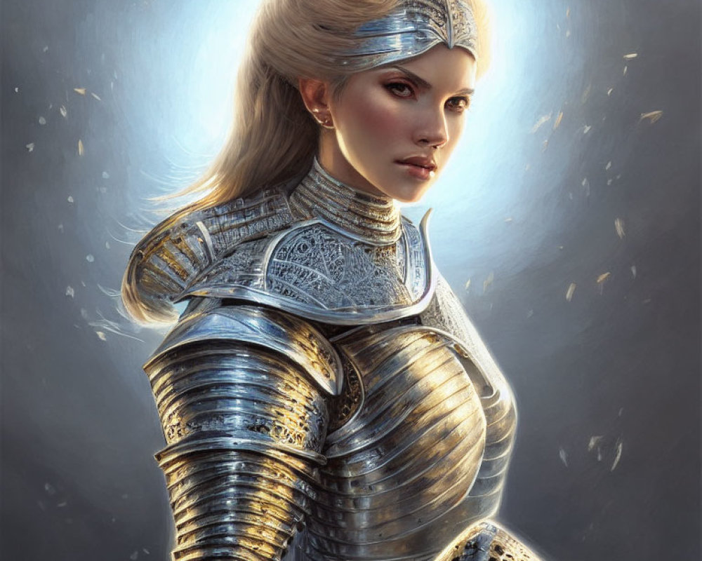 Blonde woman in detailed silver armor and headpiece gazes intently