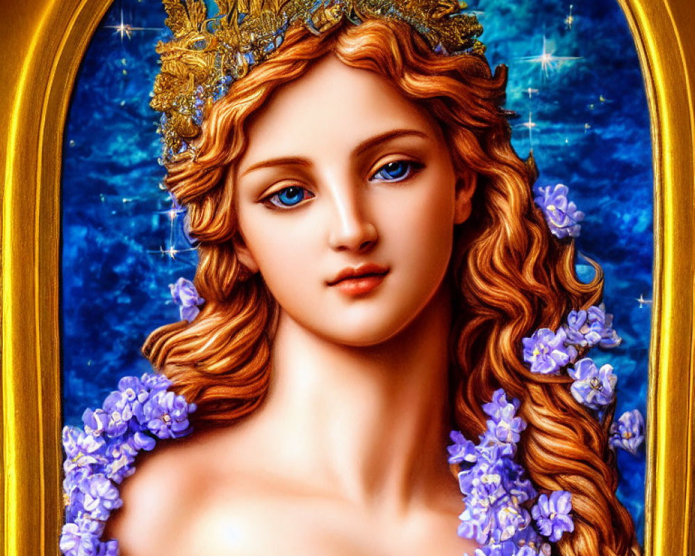 Illustration: Woman with golden hair, leaf crown, blue eyes, purple flowers, starry blue