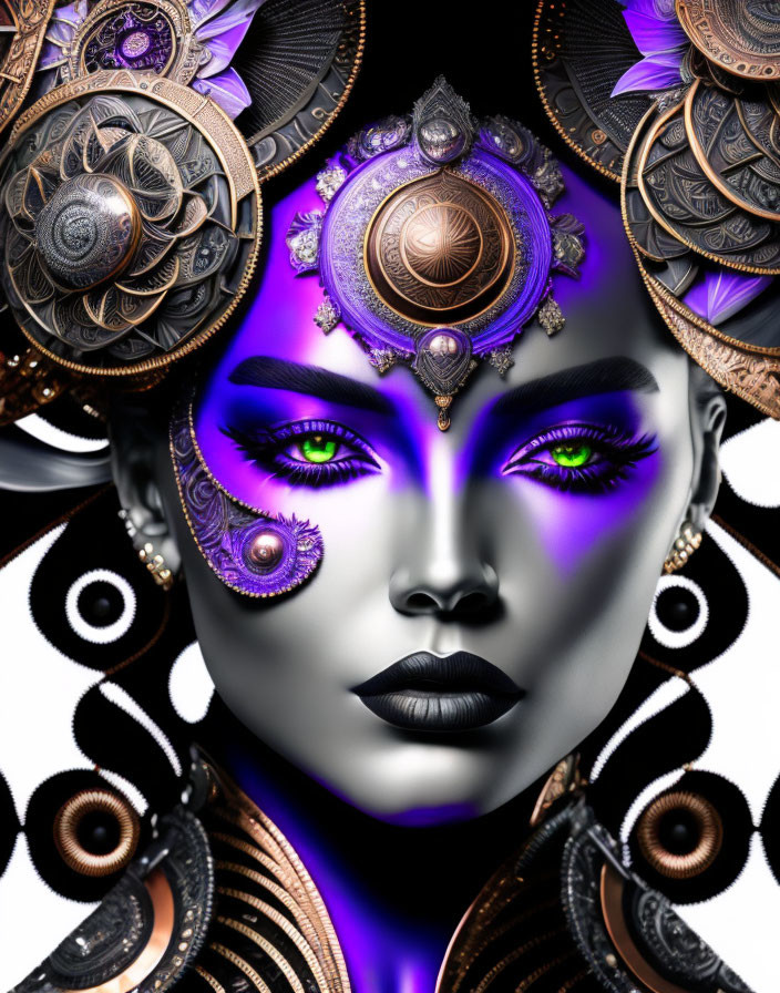 Digital Artwork: Woman with Purple Skin, Green Eyes, Silver Headpiece