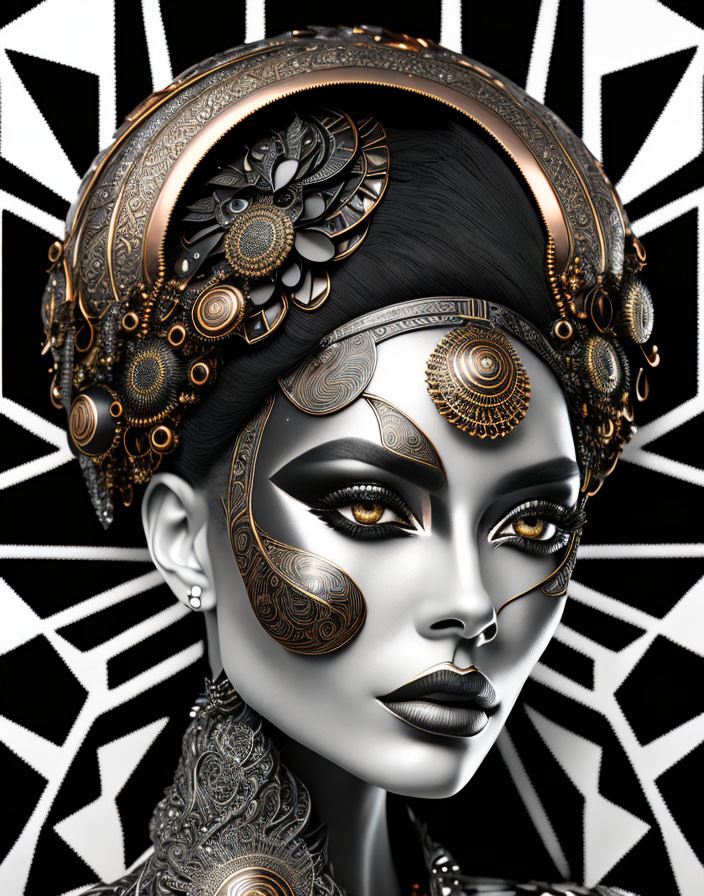 Digital artwork: Woman with gold and black face paint, ornate headdress, on geometric background