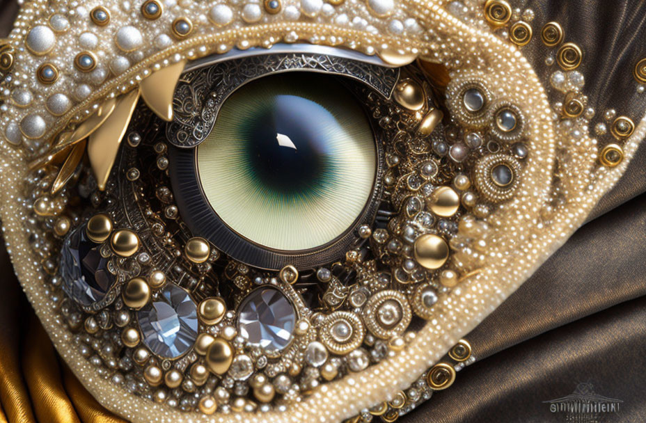 Steampunk-style eye with ornate metalwork and gems on golden fabric.