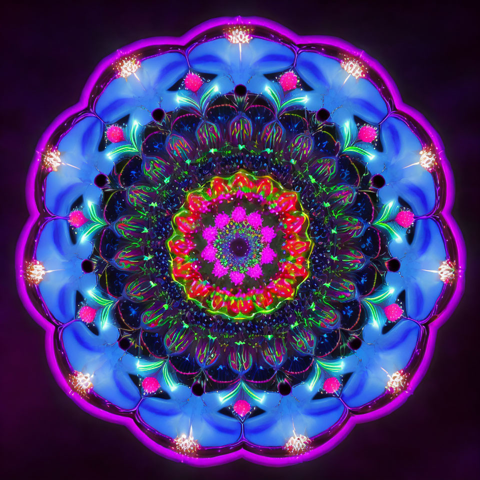 Symmetrical neon mandala with vibrant blues, pinks, and greens on dark background
