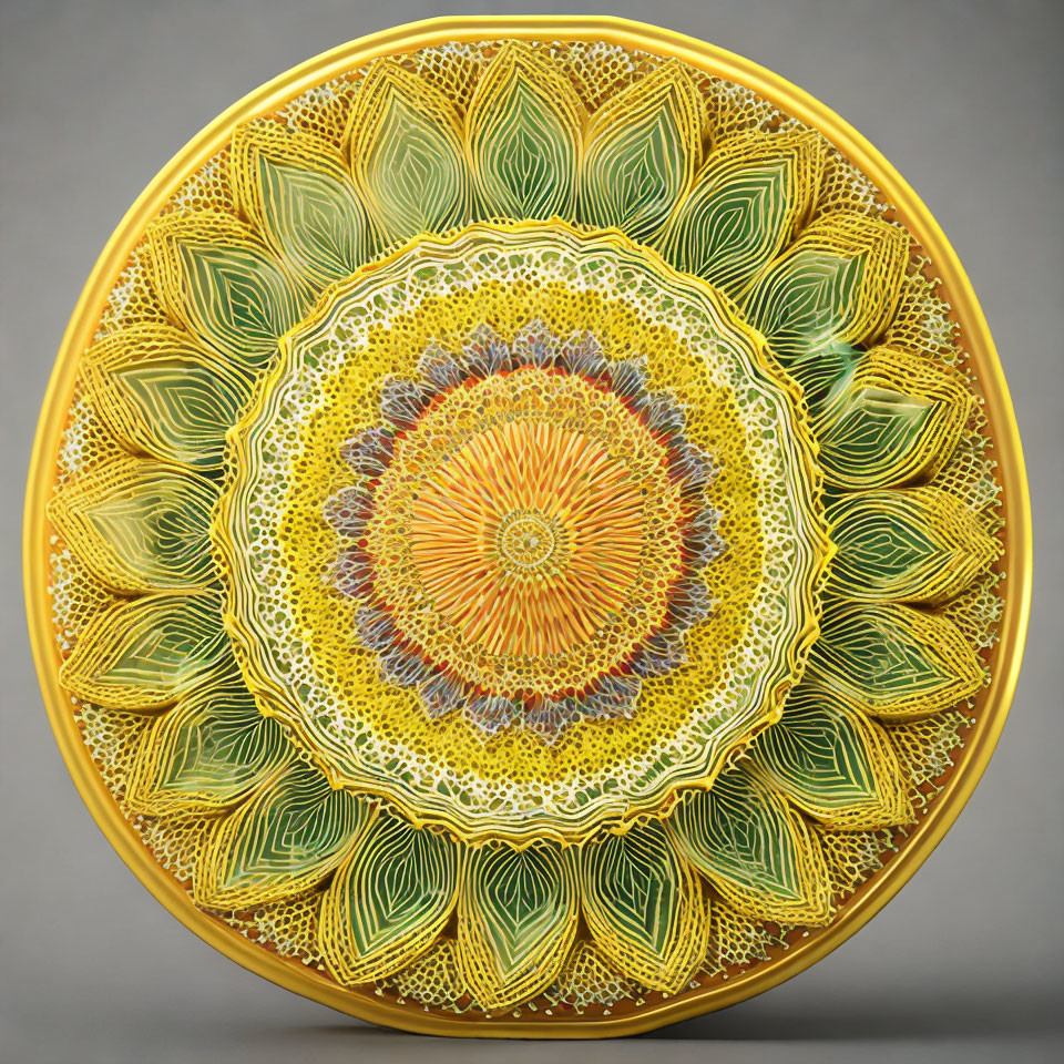 Circular Ornate Plate with Vibrant Yellow and Green Patterns