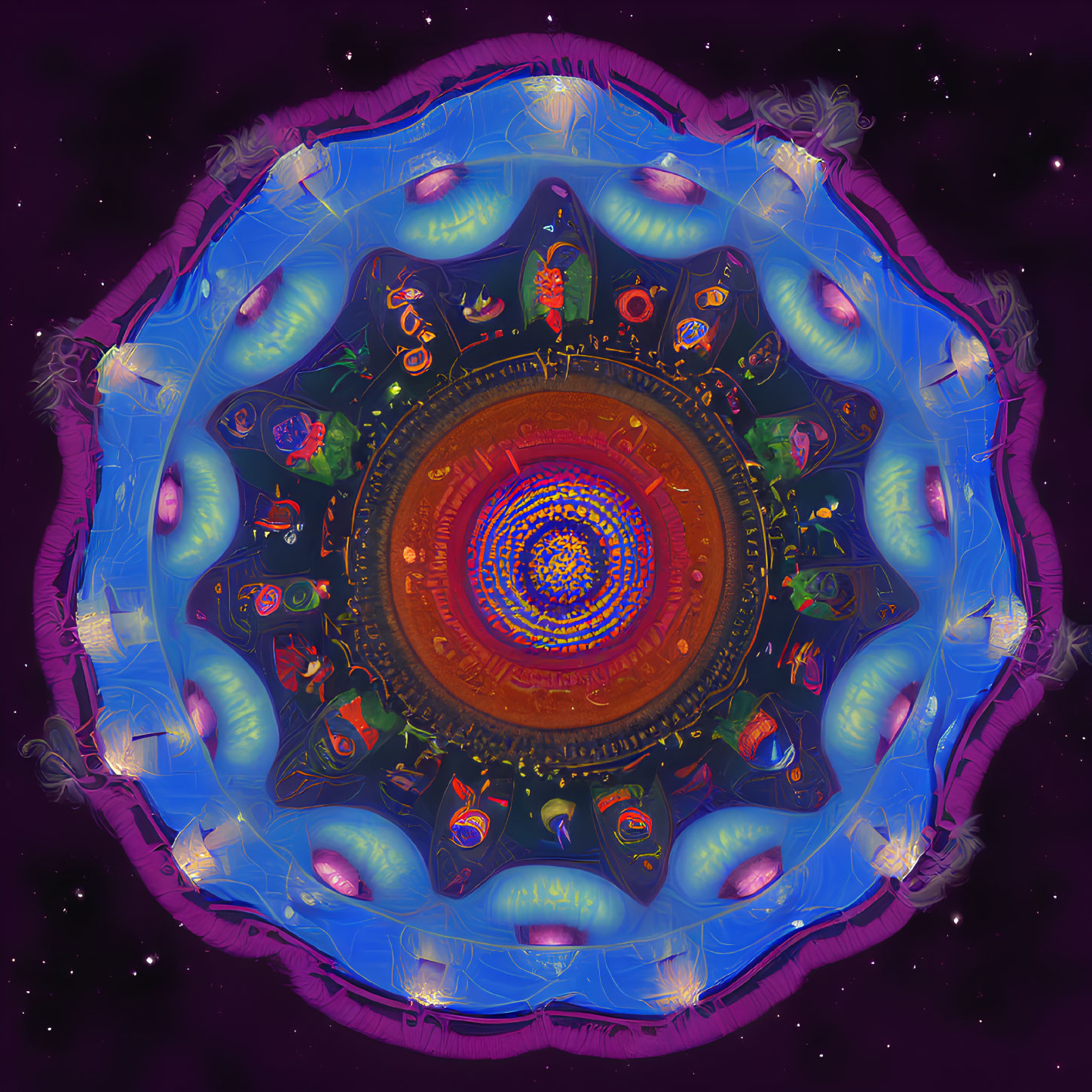 Colorful Digital Mandala with Eye Motif on Cosmic Background