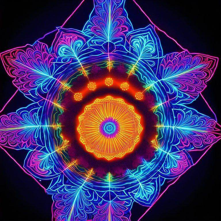 Colorful Neon Mandala with Intricate Patterns on Black Background