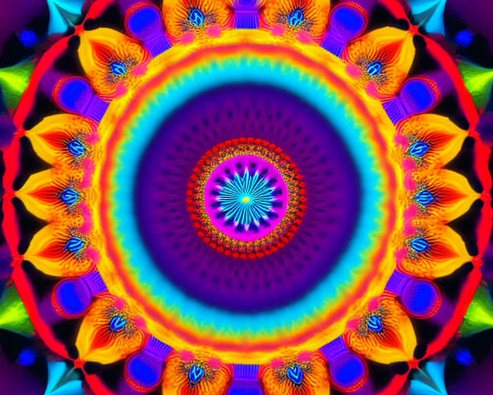 Multicolored neon digital mandala with intricate symmetrical pattern