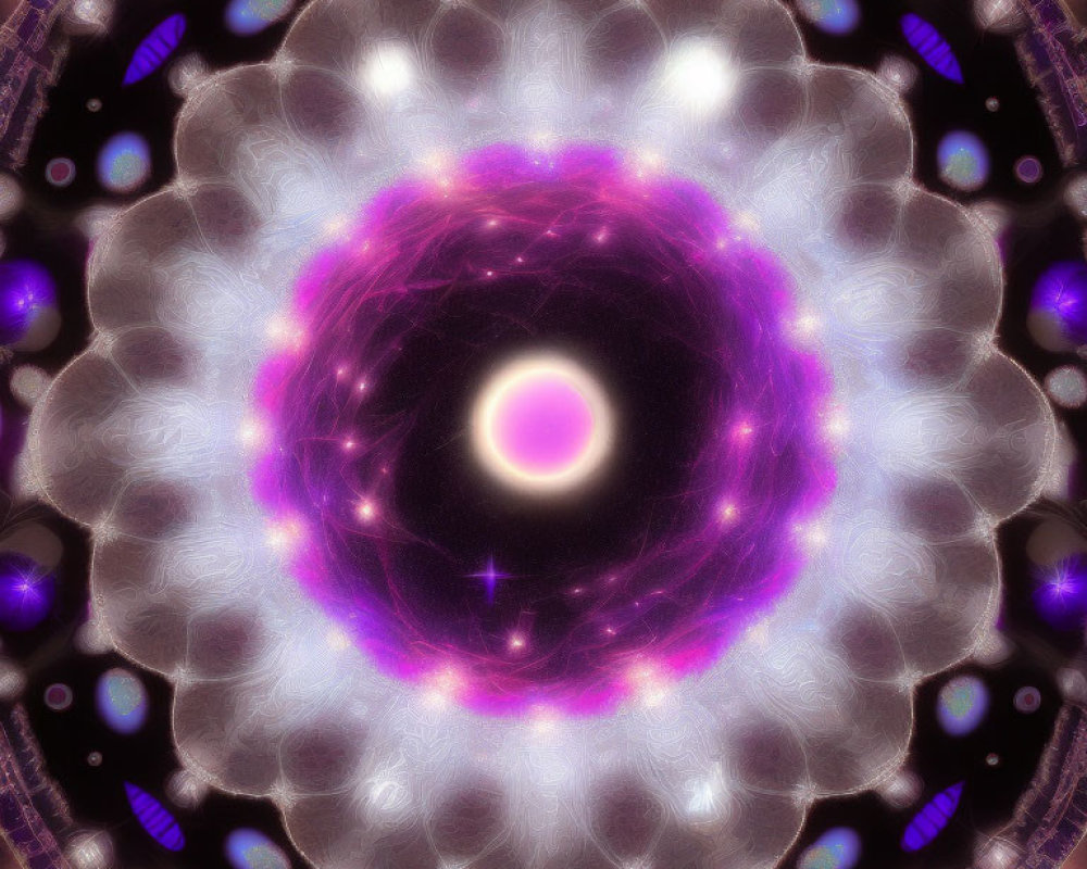 Symmetrical fractal design with glowing purple core and petal-like patterns in lilac, white,